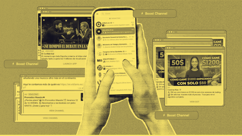 Telegram publicita chiringuitos financieros y casas de apuestas no autorizadas en los canales de medios de comunicación e instituciones públicas de España